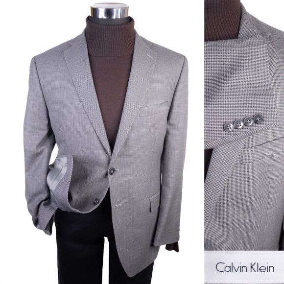 Calvin Klein Micro Check Gray Silk/Wool Sz 42S Two Button Casual Jacket Blazer - Picture 1 of 12